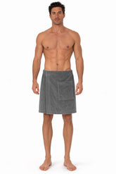 Turkish Linen gray body wrap front view showing plush terry velour and fit