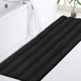 Turquoize non-slip black bathroom rug with chenille 47x17 absorbs moisture.