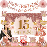 Turypaty 15th birthday backdrop in pink rose gold for photo-worthy moments.