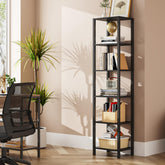 TUTOTAK 6-tier narrow bookshelf with organized storage for books and decor.