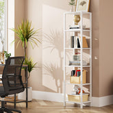 TUTOTAK Bookshelf 6-Tier slim profile provides space-saving storage for living rooms.