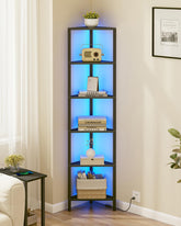 TUTOTAK corner shelf with LED light highlights books and decor in a compact living space