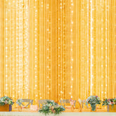 Twinkle Star 600 LED curtain lights on a window creating a magical festive ambiance.