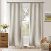 TWODRAPES 105-inch blackout curtains in ivory highlight linen texture and room-darkening capability