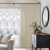 TWODRAPES beige linen curtains with 96in length provide a soft, textured look for a living room