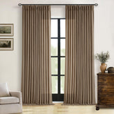 TWODRAPES brown pleated linen curtains 96-inch length for a cozy living room with privacy.