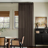 TWODRAPES dark chocolate curtain close-up reveals flax texture and durable weave.