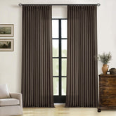 TWODRAPES Dark Chocolate pinch-pleat curtain panel close-up showing flax linen texture and premium finish.
