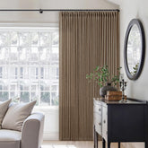 TWODRAPES Dutch Cocoa curtain texture closeup showcasing rich flax linen feel