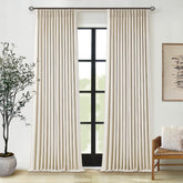 TWODRAPES pleated cream beige linen blackout curtains front view for a calm bedroom ambience.
