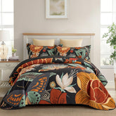 Tyrot 3-piece black boho floral king quilt set with bold botanical print