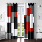 Tyrot red blackout curtains front view with geometric pattern for enhanced privacy.