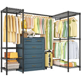 ULIFHOME E10L L-Shaped rack in full view shows expansive storage for coats and long dresses