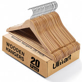 Ulimart wooden hangers 20-pack on a rack, durable storage for suits and coats