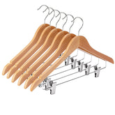 Ulimart wooden hangers with clips securely hold pants without leaving marks.