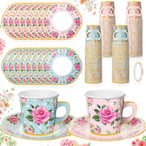 Umigy floral teacups 6.5 oz in blue and pink handles, ideal for elegant tea parties.