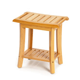 Unibambou bamboo shower bench inside shower with storage keeps toiletries organized.