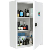 Uniclife wall-mount cabinet with lock closed for secure medicine storage.