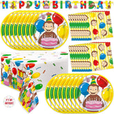 Unique Curious George plates for a 16-guest party, sturdy and spill-resistant.