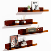Upsimples clear brown wall shelf with front lip, 15x4 inches, 4-pack, close-up.