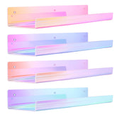 Upsimples iridescent shelf displays perfume with rainbow glow for vanity organization.