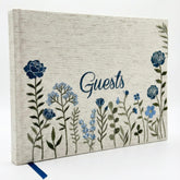 Upstart Decor linen embroidered photo guest book cover adds elegant charm for weddings.