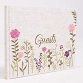 Upstart Decor linen-embroidered photo guest book pink cover for weddings.