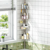 Urackify corner shower caddy with tension pole for space-saving bathroom organization.