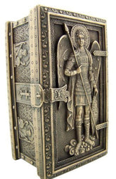 US Archangel St Michael rosary box front view for display and safekeeping.