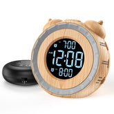 USCCE dual extra loud alarm clock front view in wood grain, dependable bedside timekeeping.
