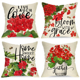 Ussap red geranium flower pillow cover on sofa adds rustic charm