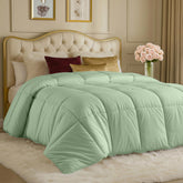 Utopia Bedding comforter in sage green demonstrates queen size fit for all-season warmth.