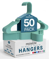 Utopia Home Aqua plastic hangers offer space-saving organization for closets.