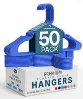 Utopia Home plastic hangers in a neat blue closet for space-saving organization.