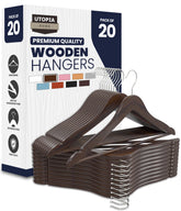Utopia Home premium wooden hangers set with 360-degree hook, neatly organized garments.