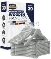 Utopia Home premium wooden hangers 30-pack showcase durable construction and organized closet.