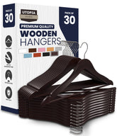 Utopia Home premium wooden hanger 30 pack preserves garment shape in a neat closet.