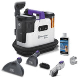 Vacmaster SCB1001H heated cleaning action shown on a fabric surface for stain removal