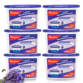 Vacplus six-pack moisture absorbers with lavender scent shown in a tidy bathroom setup for dryness and freshness