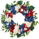 Valery Madelyn 4th of July wreath with lights over the front door adds festive curb appeal.