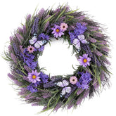 Valery Madelyn Spring Lavender Wreath on front door with lights for welcoming ambiance
