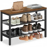 VASAGLE 3-tier shoe rack bench front view shows rustic-brown and matte-black finish for organized entryways.