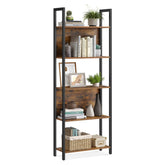 VASAGLE 5-tier bookshelf in rustic brown with a black steel frame for stylish storage.