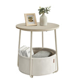 VASAGLE LILEA round side table with fabric basket keeps remotes organized.