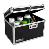 Vaultz locking medicine box closed lid keeps medications safely stored.