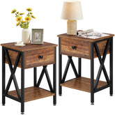 VECELO nightstands with wood top and black steel frame provide sturdy bedside storage.