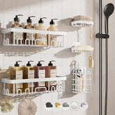 Veken adhesive shower caddy 5-pack setup keeps shower essentials organized.