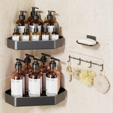 Veken aluminum corner shower caddy shows corner storage for shampoos and soaps.
