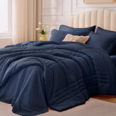 Velorose Queen Comforter Set Navy overall bed display highlights soft, all-season warmth.