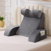 Velorose reading pillow 21in grey front view with ergonomic support for bed sitting.
